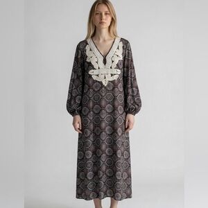 Calypso St. Barth Dress Large Brown Silk Embroidered Kaftan Boho Resort NWT